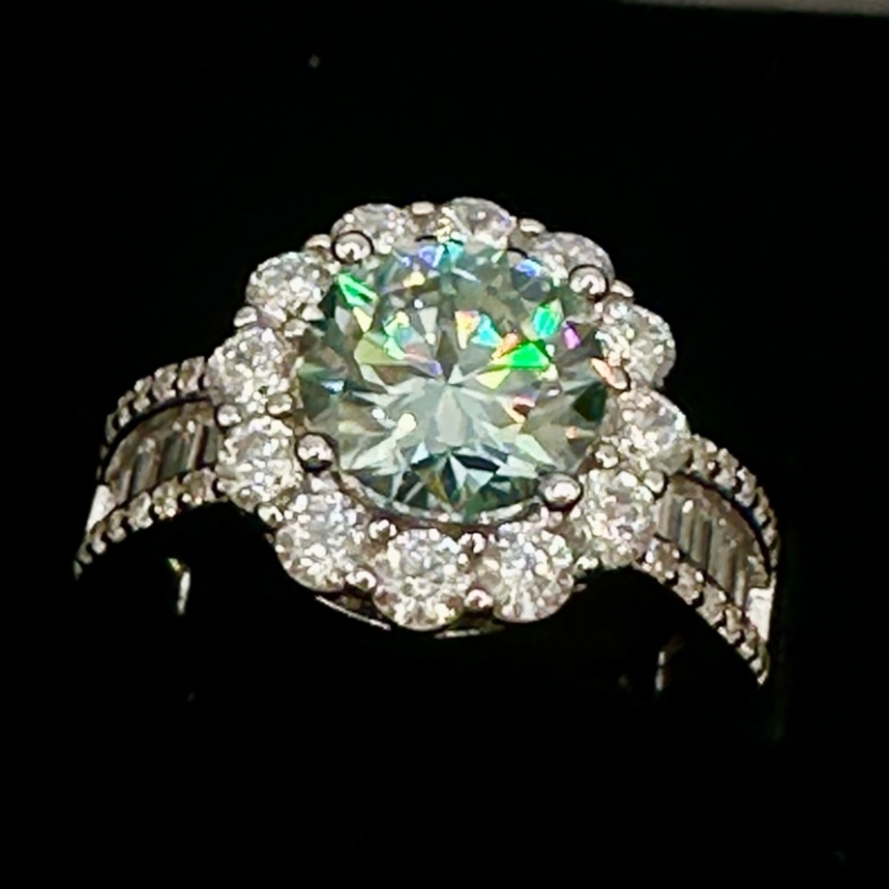 Blue green moissanite and white zircon ring
